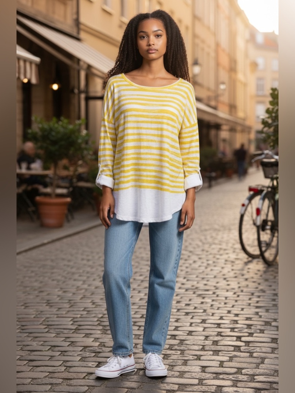 Talbots Yellow & White Striped Long Sleeve Scoop Neck Top